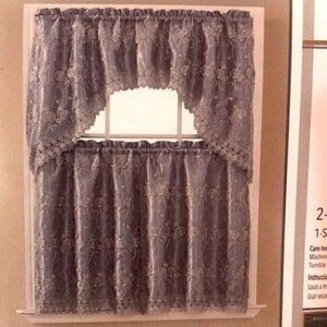3PC Gloria Rich All Over Silver Embroidery Kitchen Curtain Set